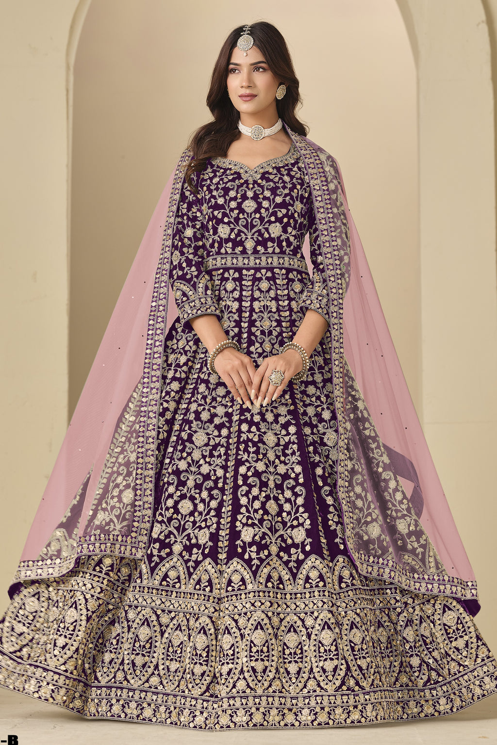 Plum Velvet Anarkali Velvet Suit Women with Thread and Sequins Embroidery