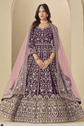 Plum Velvet Anarkali Velvet Suit Women with Thread and Sequins Embroidery