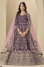 Plum Velvet Anarkali Velvet Suit Women with Thread and Sequins Embroidery