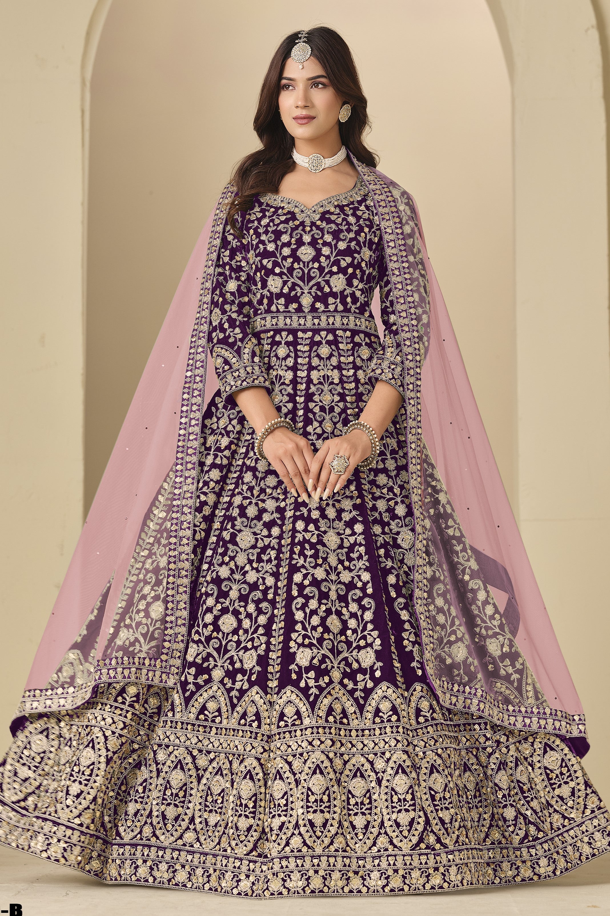 Plum Velvet Anarkali Velvet Suit Women with Thread and Sequins Embroidery