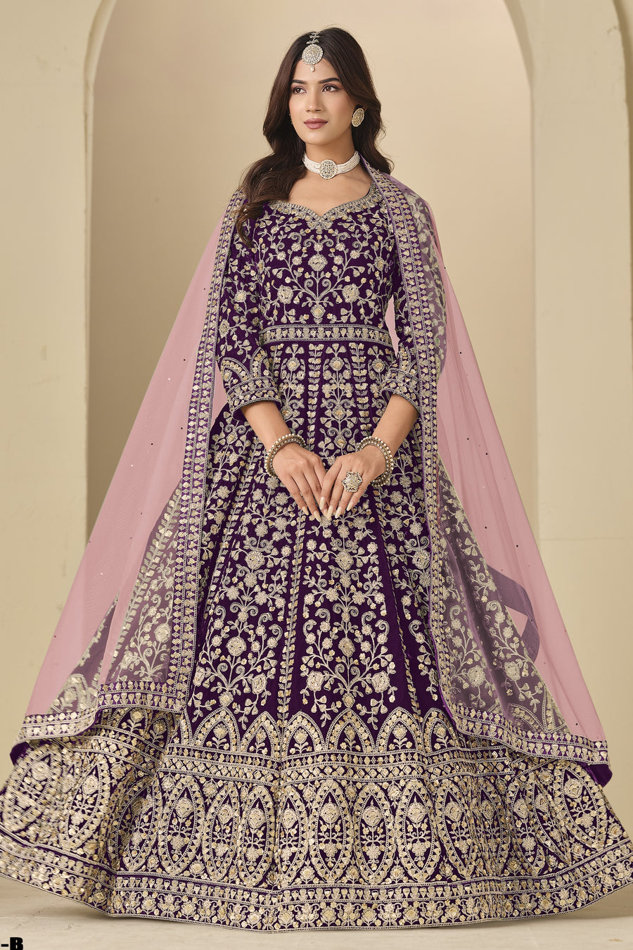 Plum Velvet Anarkali Velvet Suit Women with Thread and Sequins Embroidery