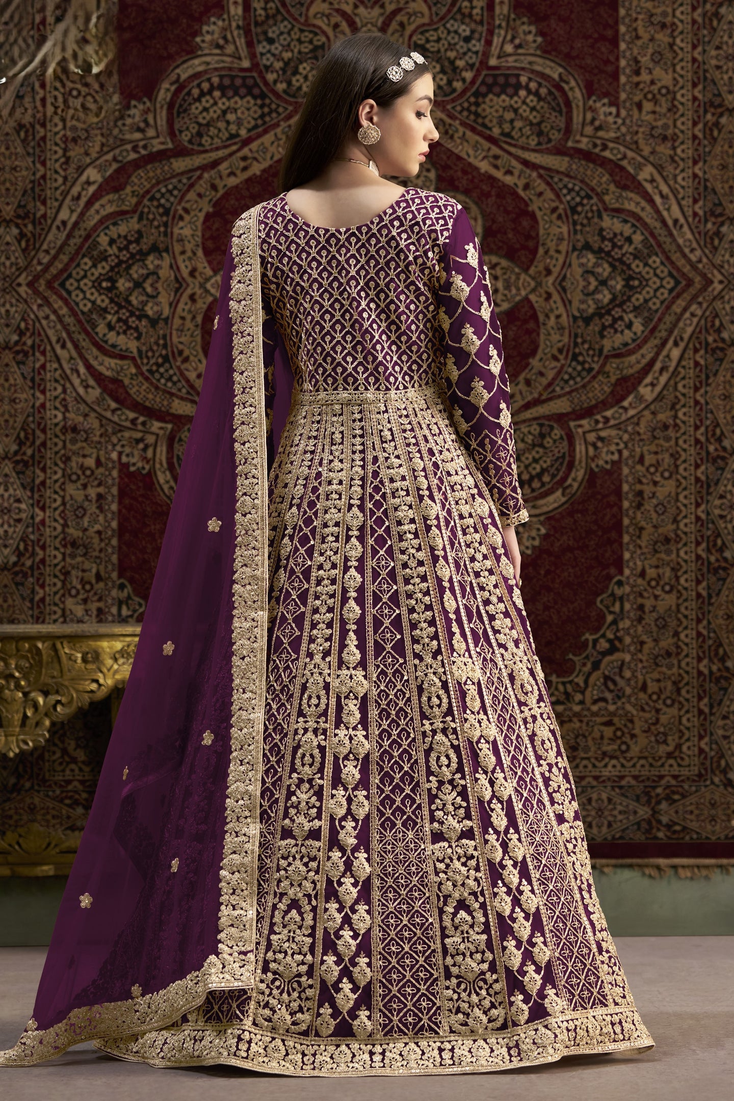 Plum Net Anarkali Suits for Wedding with Dori and Sequins Work