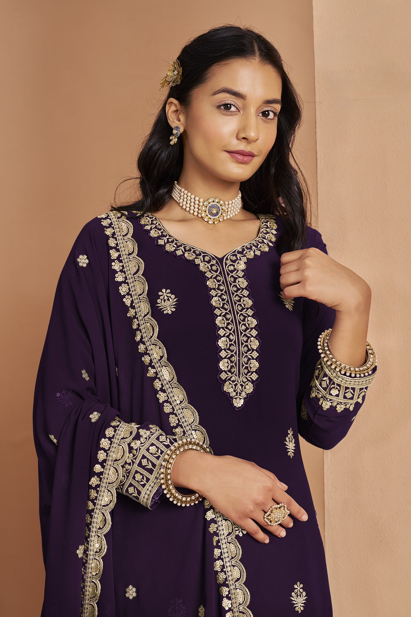 Plum Georgette Latest Plazo Design for Wedding with Thread and Sequins Embroidery
