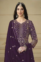 Plum Georgette Anarkali Dress with Thread and Sequins Embroidery Work