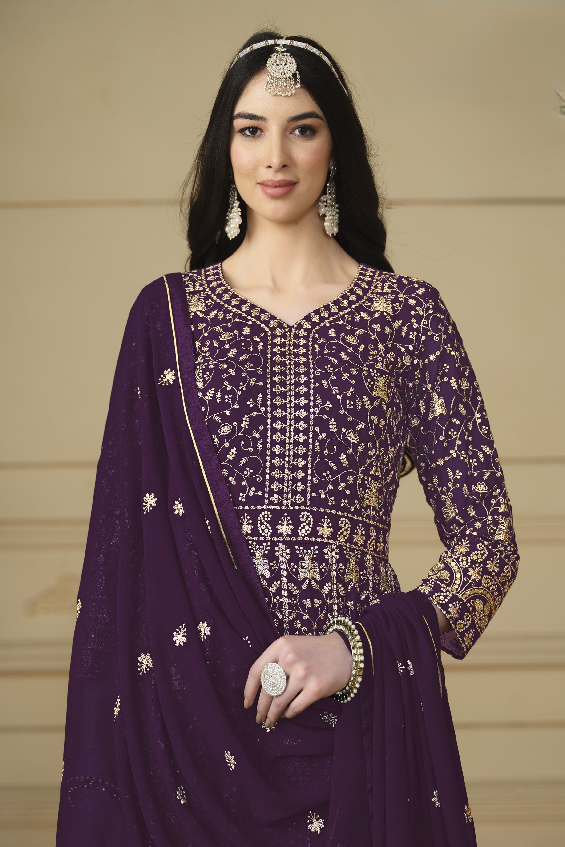 Plum Georgette Anarkali Dress with Thread and Sequins Embroidery Work