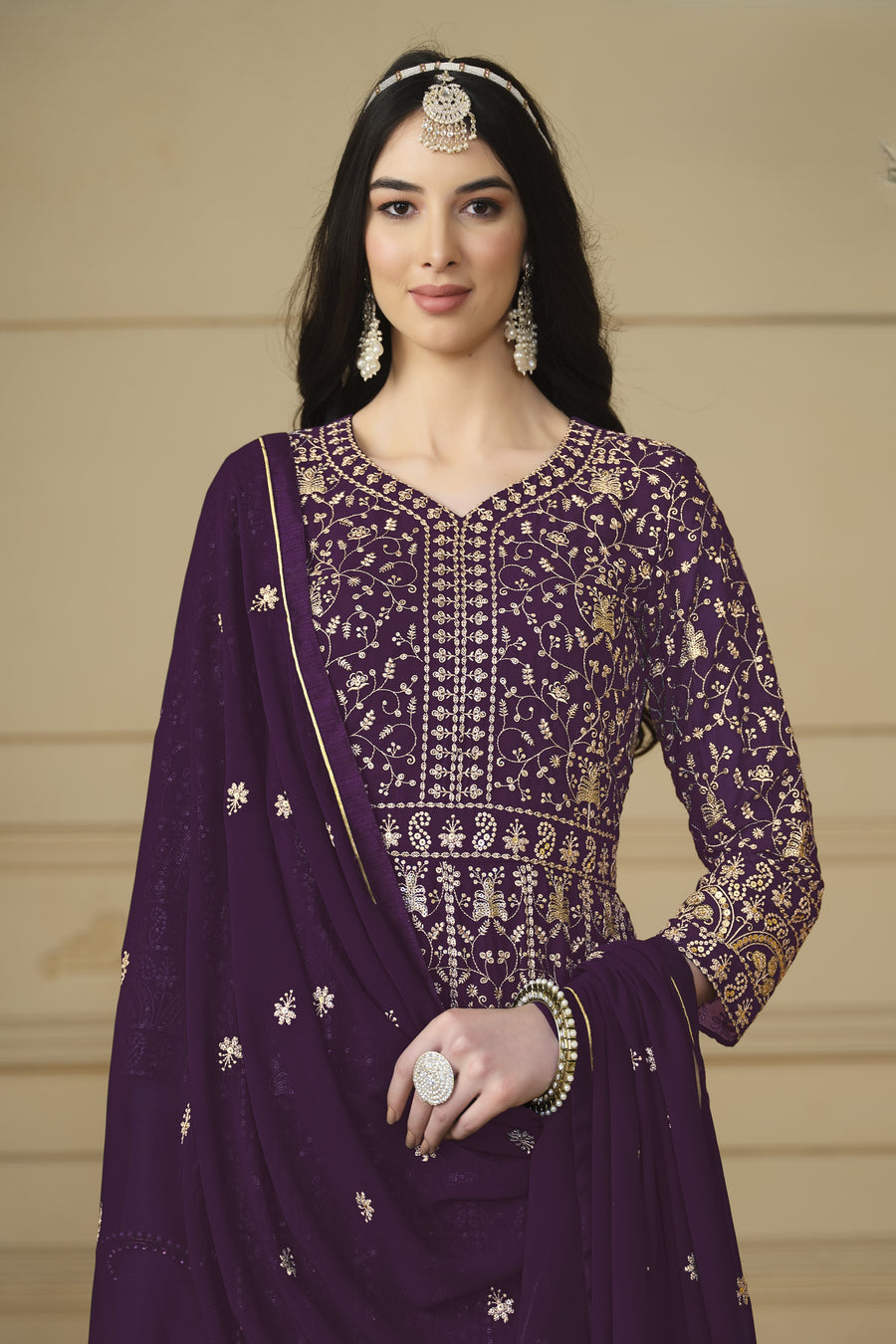 Plum Georgette Anarkali Dress with Thread and Sequins Embroidery Work