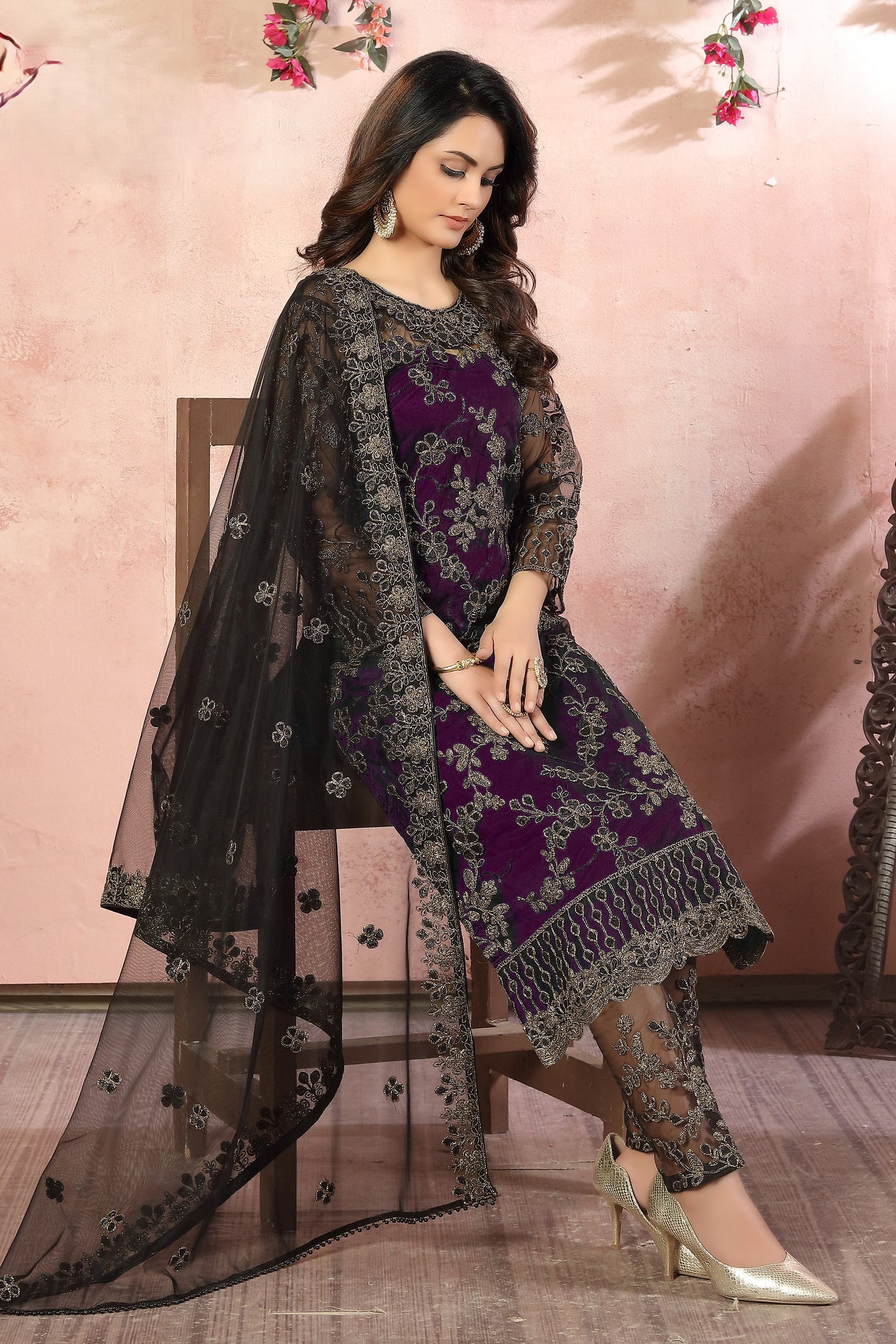 Plum Net Kameez with Pant Traditional Pakistani Clothing