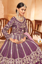 Plum Art Silk Anarkali Pakistani Dresses Traditional with Thread Embroidery Work