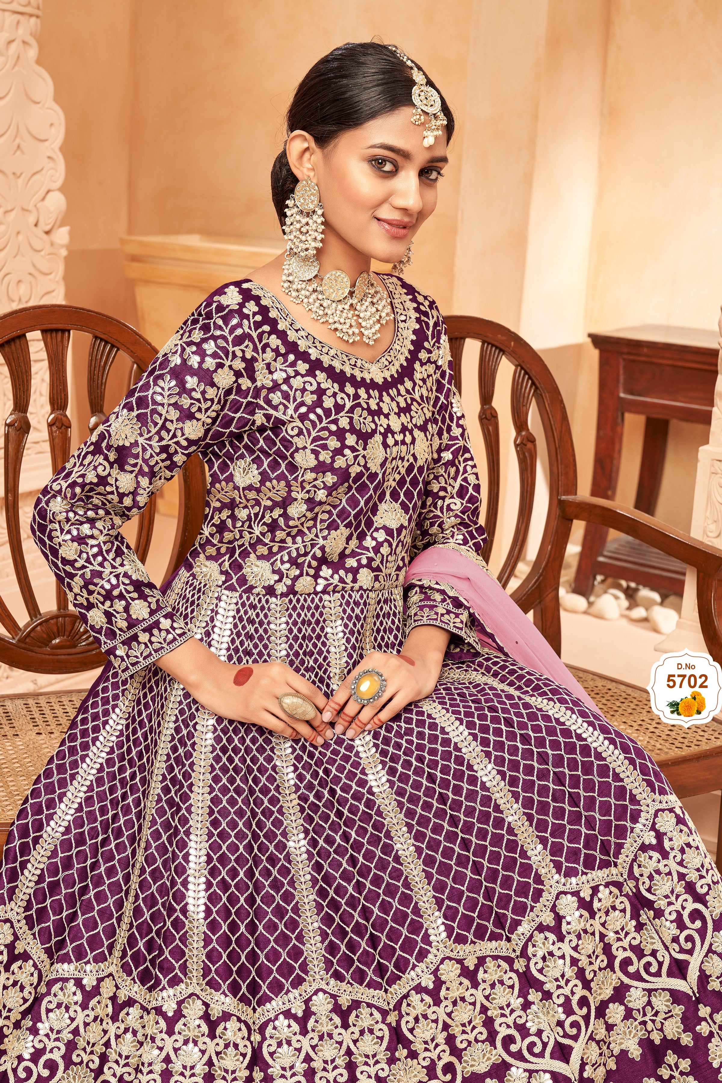 Plum Art Silk Anarkali Pakistani Dresses Traditional with Thread Embroidery Work