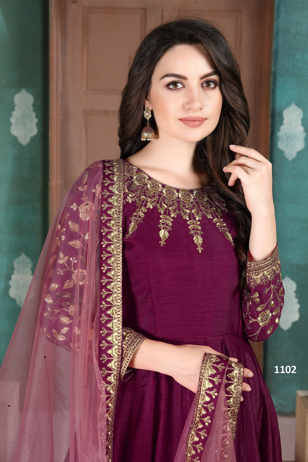 Plum Chinon Silk Anarkali Indian Party Wear Dresses with Thread Embroidery