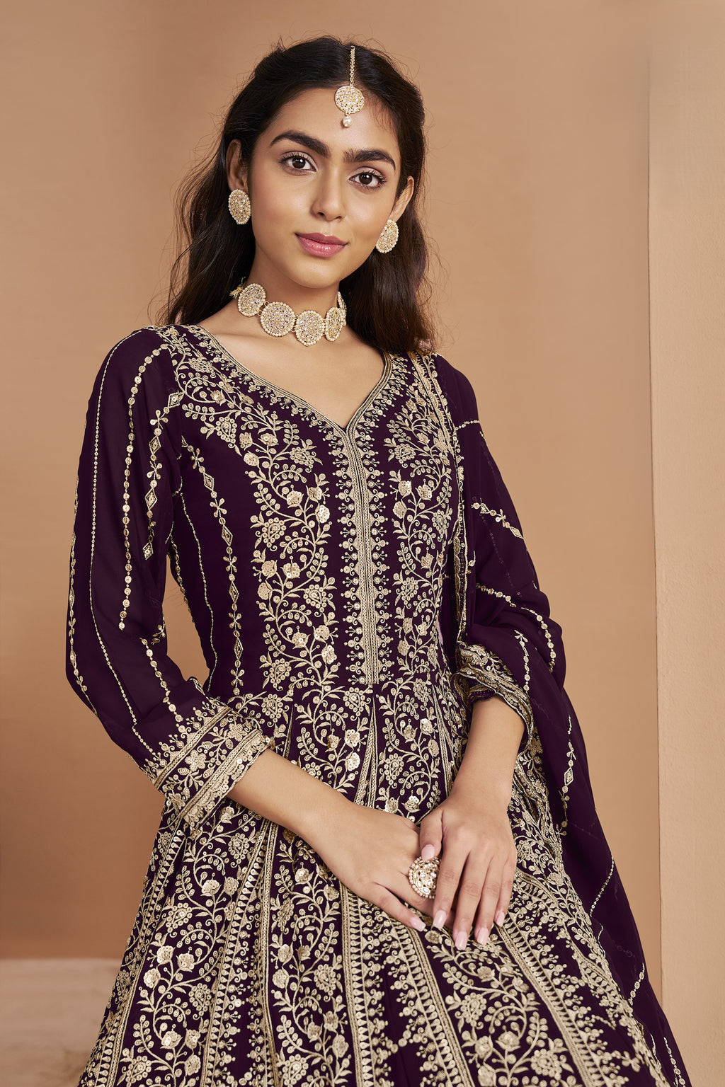 Plum Georgette Anarkali Dress for Reception with Thread and Sequins Work