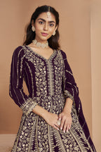 Plum Georgette Anarkali Dress for Reception with Thread and Sequins Work