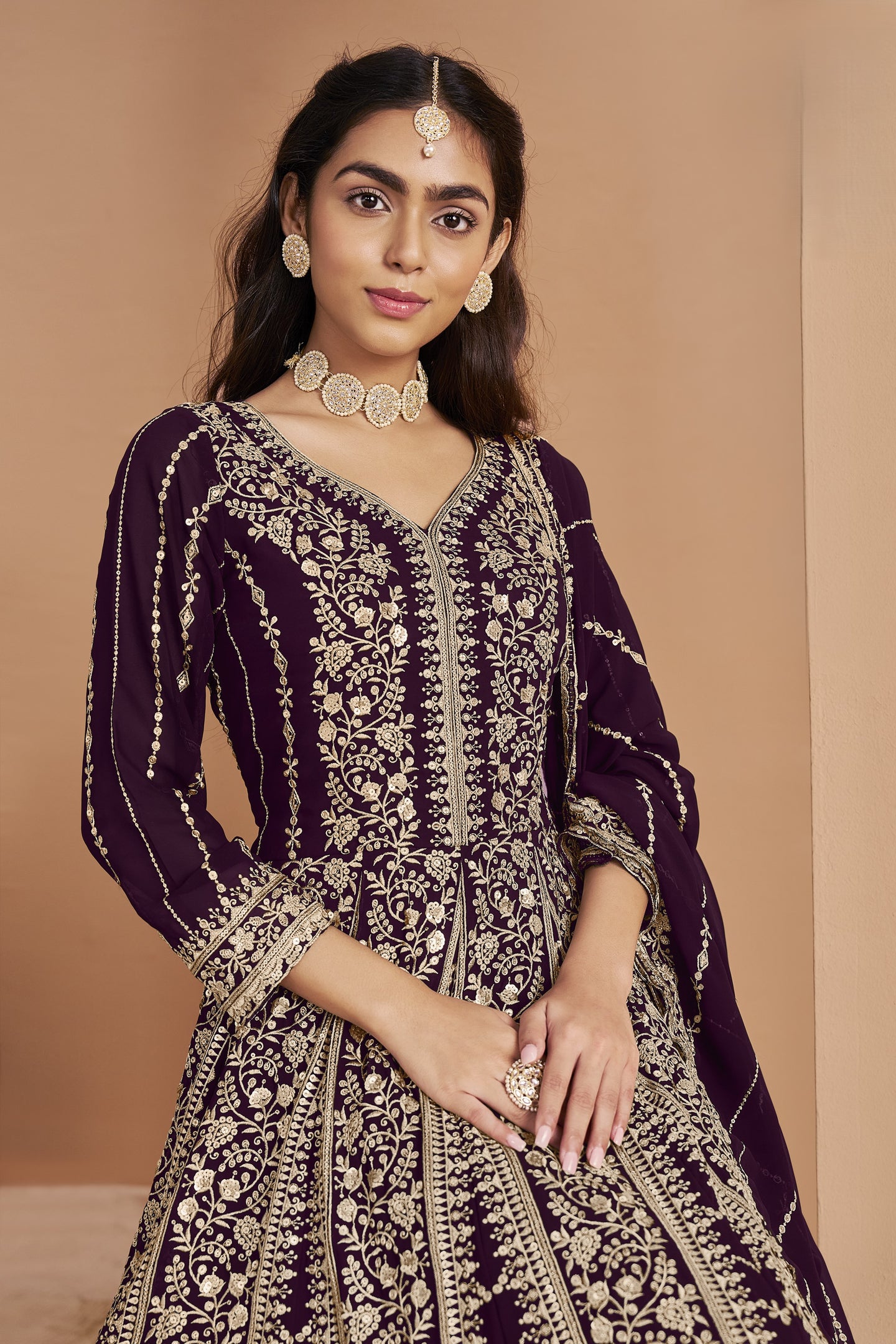 Plum Georgette Anarkali Dress for Reception with Thread and Sequins Work