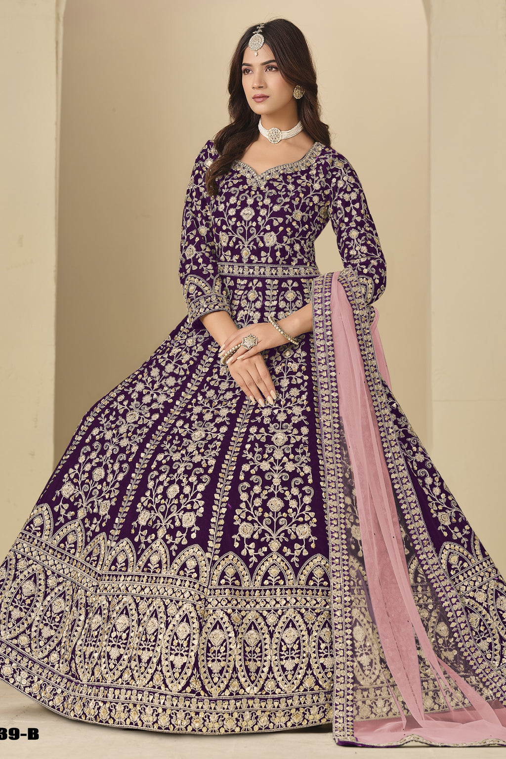 Plum Velvet Anarkali Velvet Suit Women with Thread and Sequins Embroidery