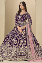 Plum Velvet Anarkali Velvet Suit Women with Thread and Sequins Embroidery
