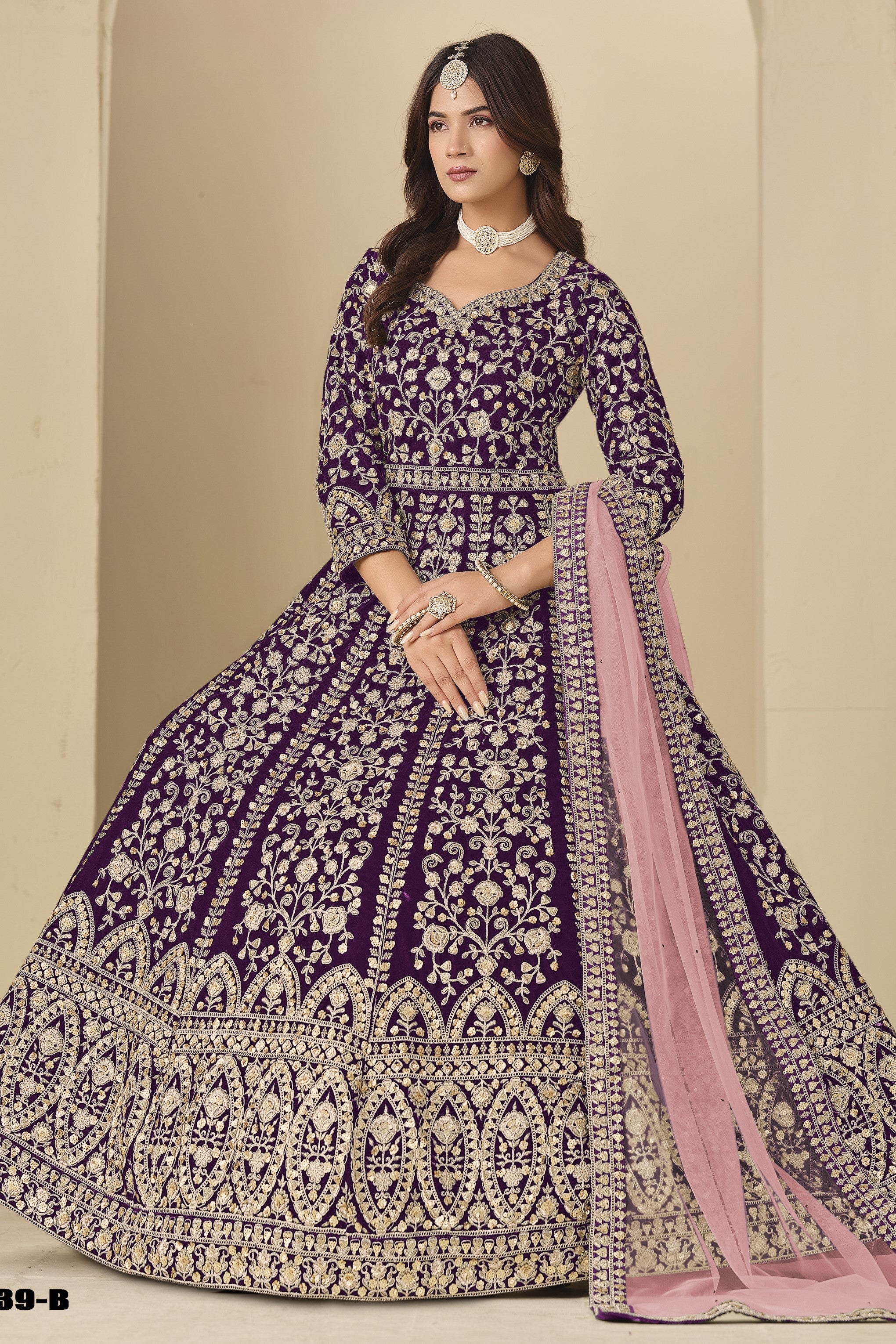 Plum Velvet Anarkali Velvet Suit Women with Thread and Sequins Embroidery