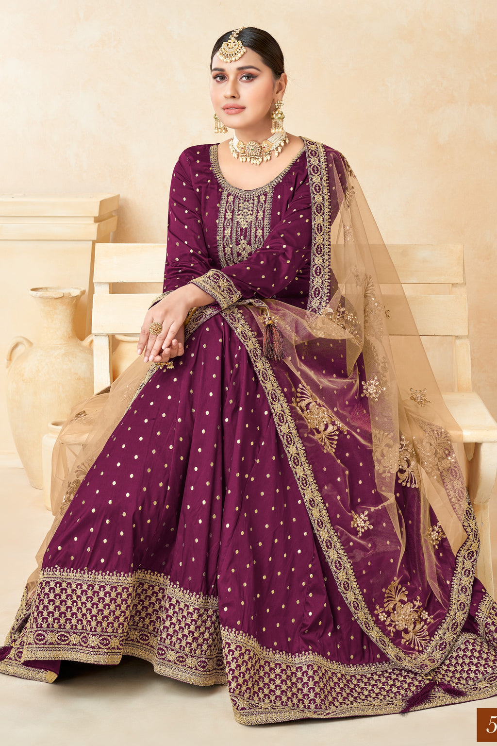 Plum Taffeta Silk Gown Dress for Ladies with Embroidery Work