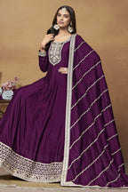 Plum Art Silk Plain Anarkali Suit with Sequins and Dori Work