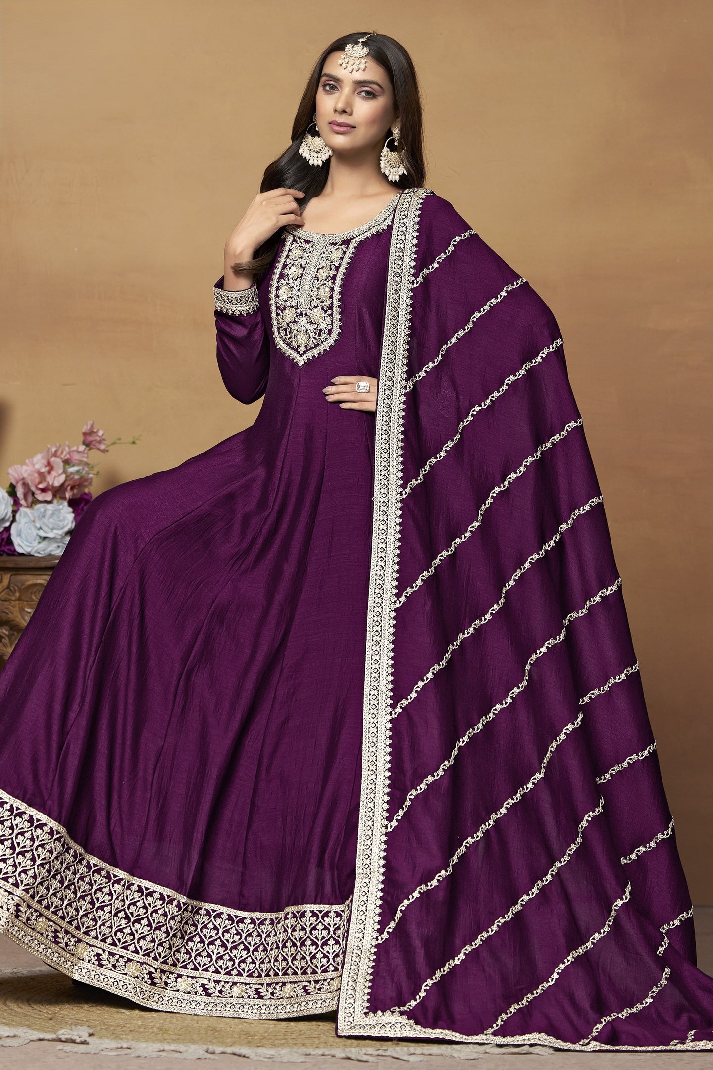 Plum Art Silk Plain Anarkali Suit with Sequins and Dori Work