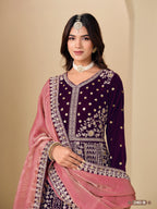 Plum Velvet Suit Women Anarkali with Dori and Sequins Work