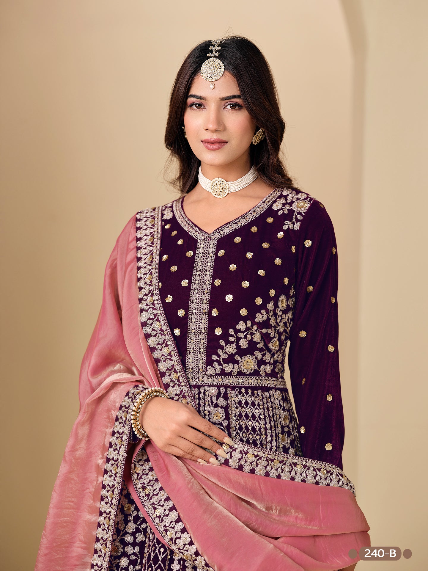 Plum Velvet Suit Women Anarkali with Dori and Sequins Work