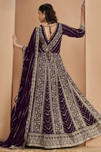 Plum Georgette Anarkali Dress for Reception with Thread and Sequins Work