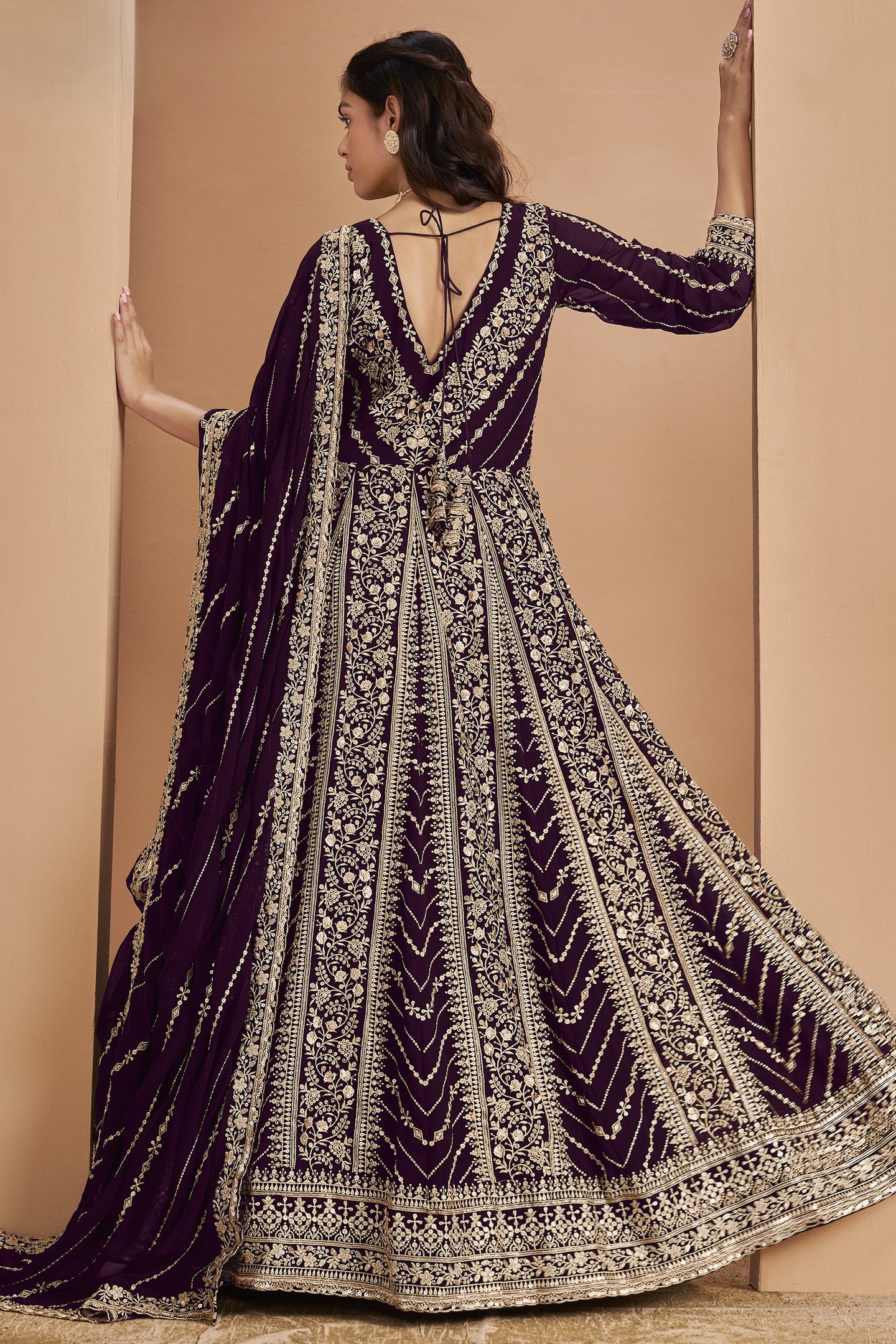 Plum Georgette Anarkali Dress for Reception with Thread and Sequins Work