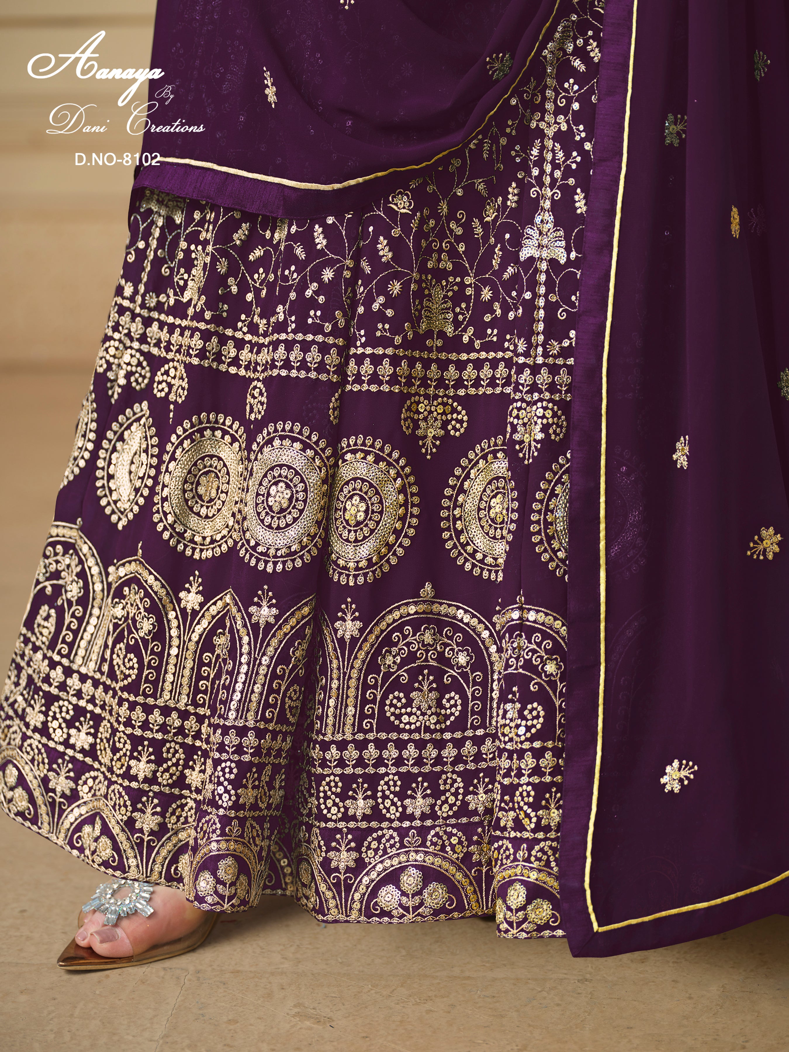 Plum Georgette Anarkali Dress with Thread and Sequins Embroidery Work