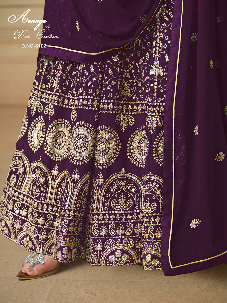 Plum Georgette Anarkali Dress with Thread and Sequins Embroidery Work