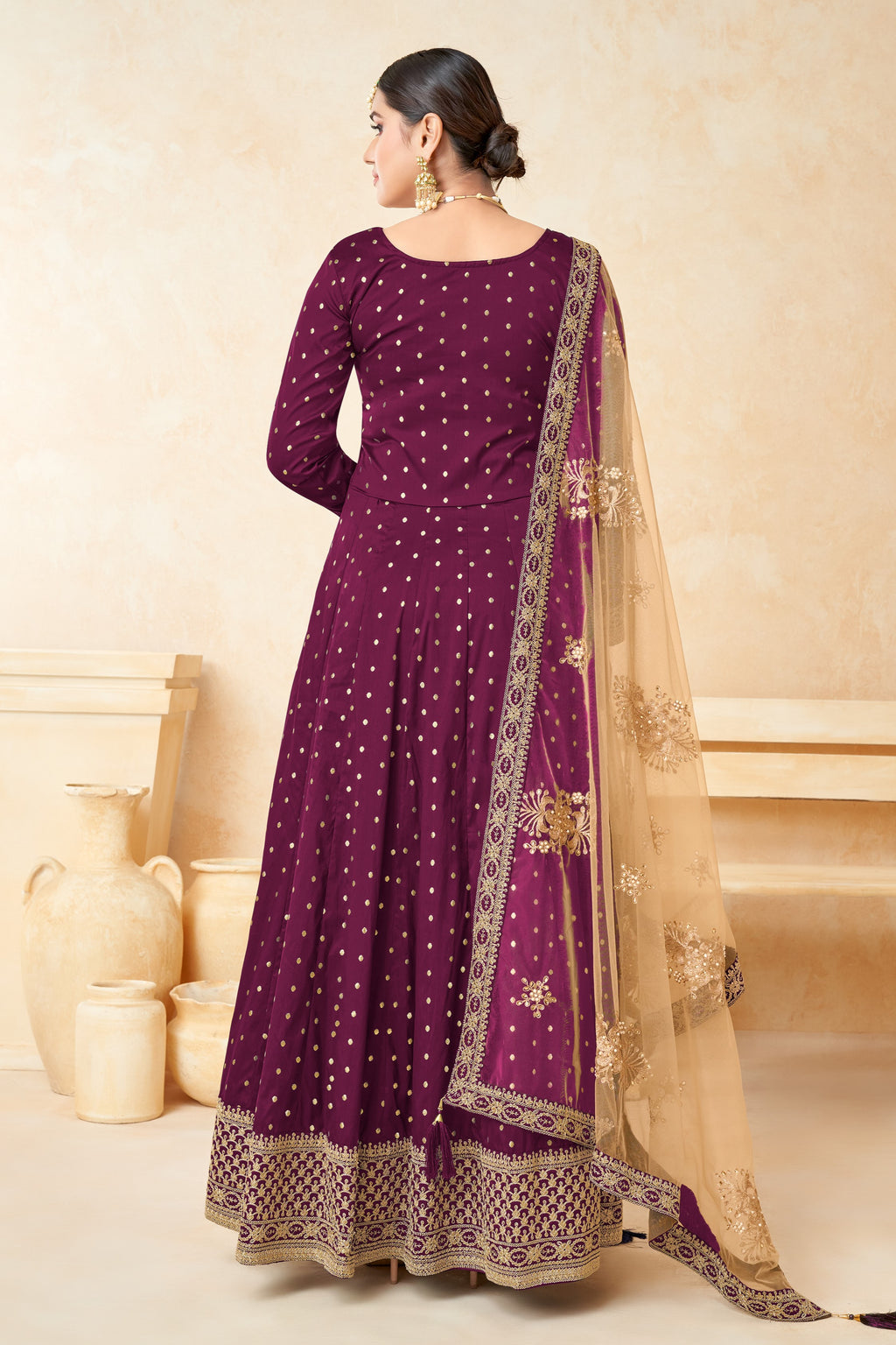 Plum Taffeta Silk Gown Dress for Ladies with Embroidery Work