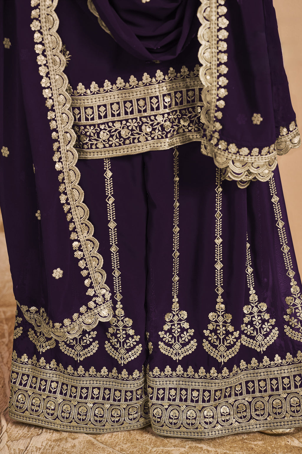Plum Georgette Latest Plazo Design for Wedding with Thread and Sequins Embroidery