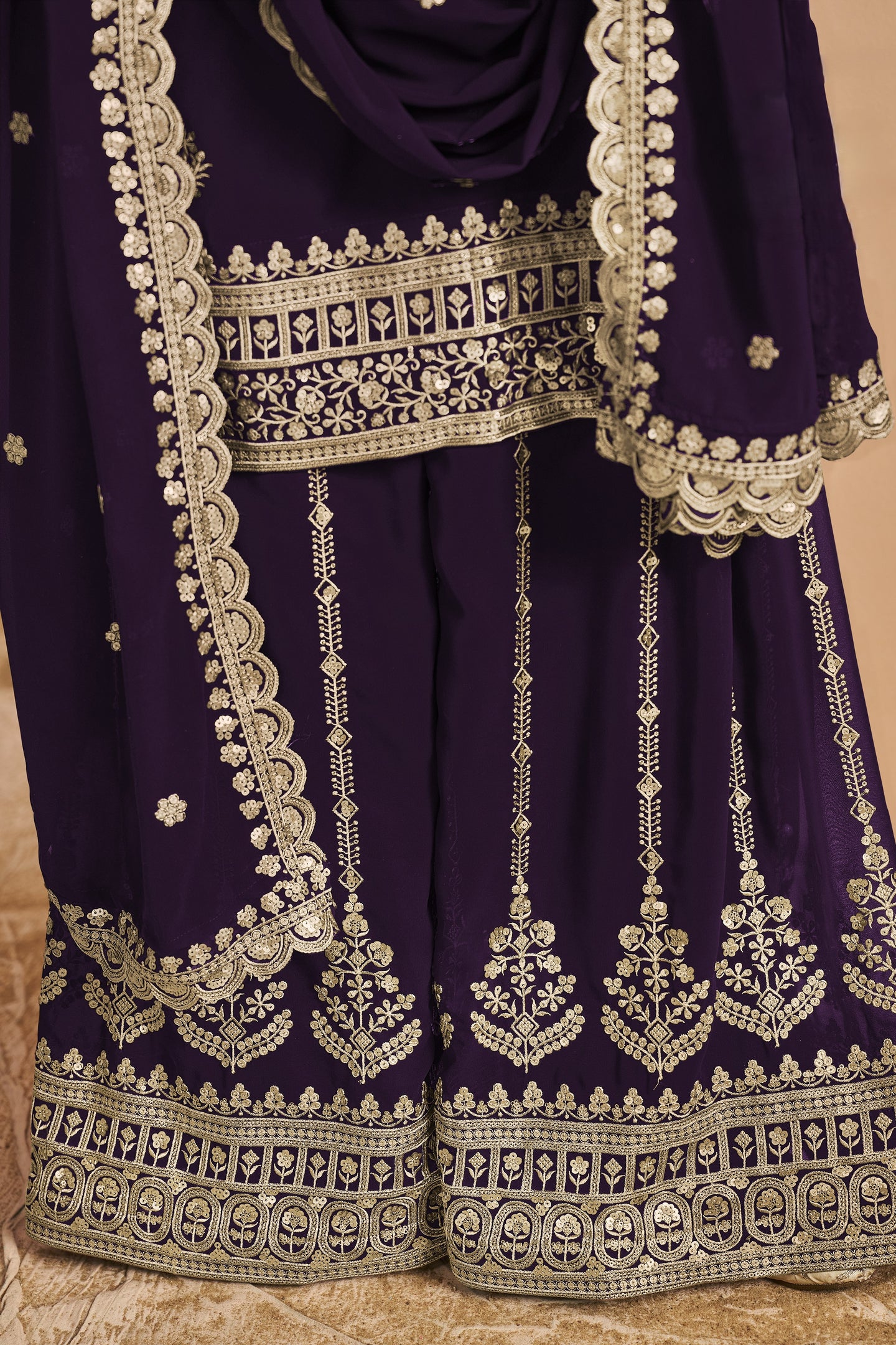 Plum Georgette Latest Plazo Design for Wedding with Thread and Sequins Embroidery