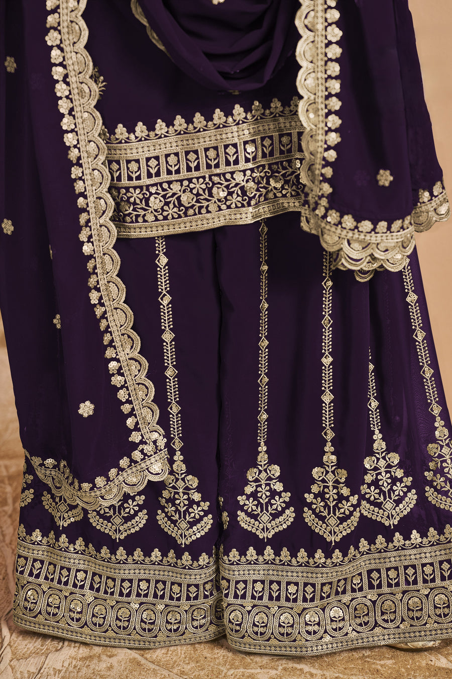 Plum Georgette Latest Plazo Design for Wedding with Thread and Sequins Embroidery