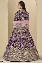 Plum Velvet Anarkali Velvet Suit Women with Thread and Sequins Embroidery