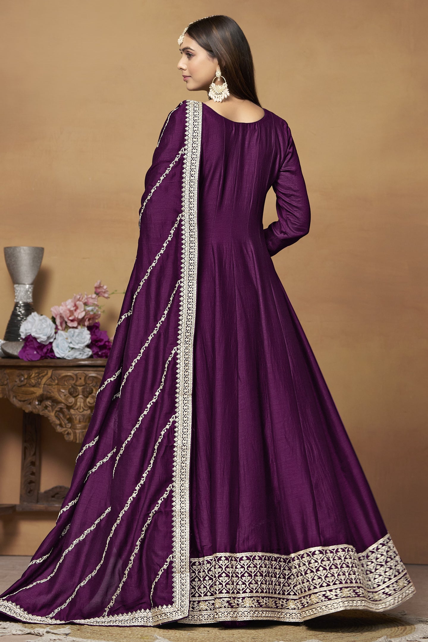 Plum Art Silk Plain Anarkali Suit with Sequins and Dori Work