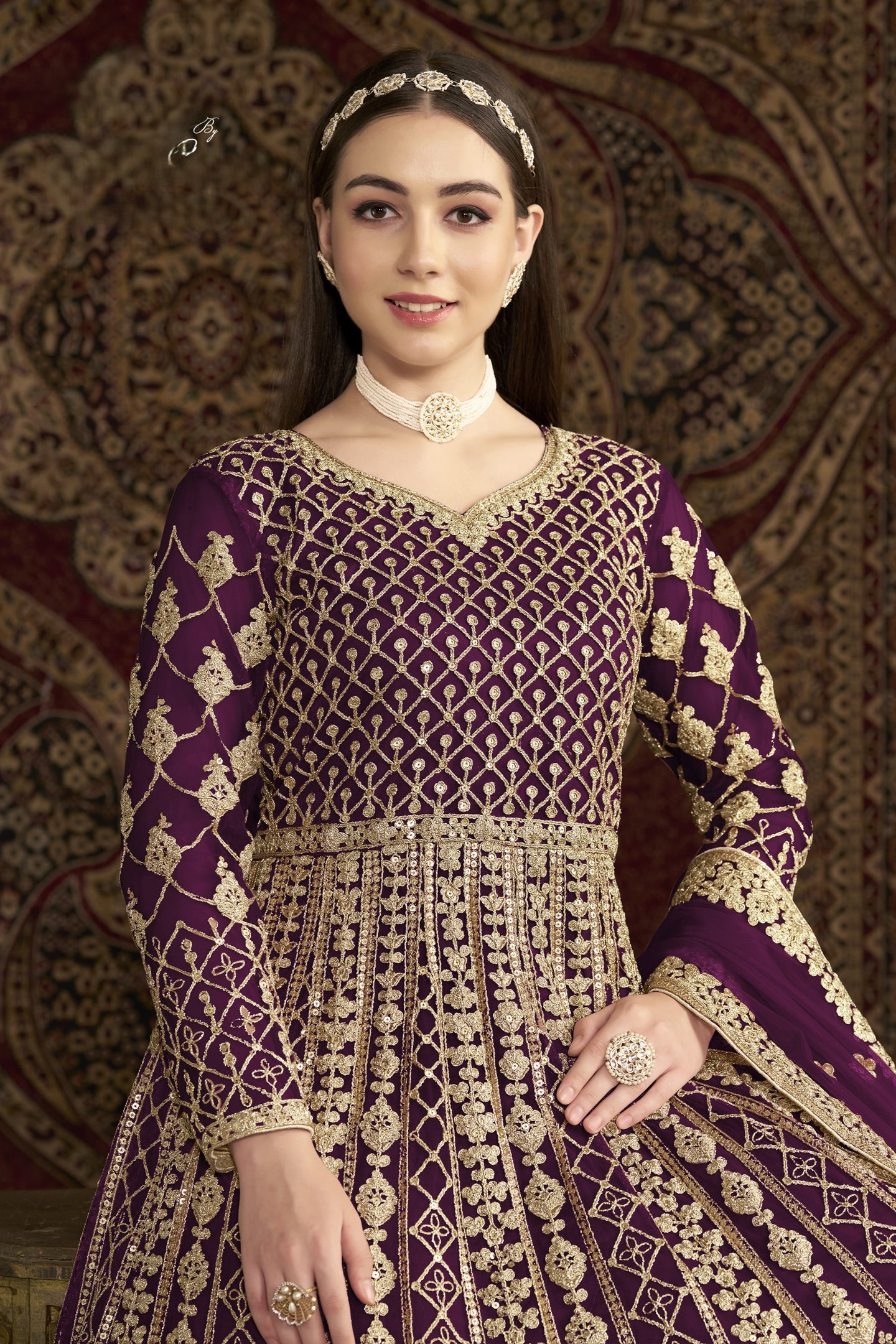 Plum Net Anarkali Suits for Wedding with Dori and Sequins Work