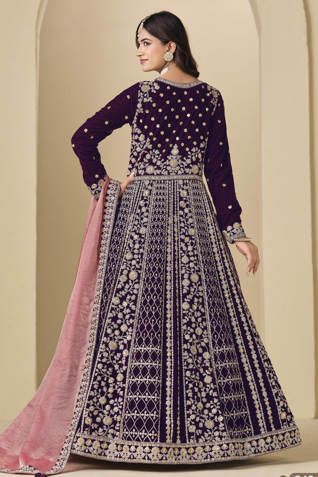 Plum Velvet Suit Women Anarkali with Dori and Sequins Work
