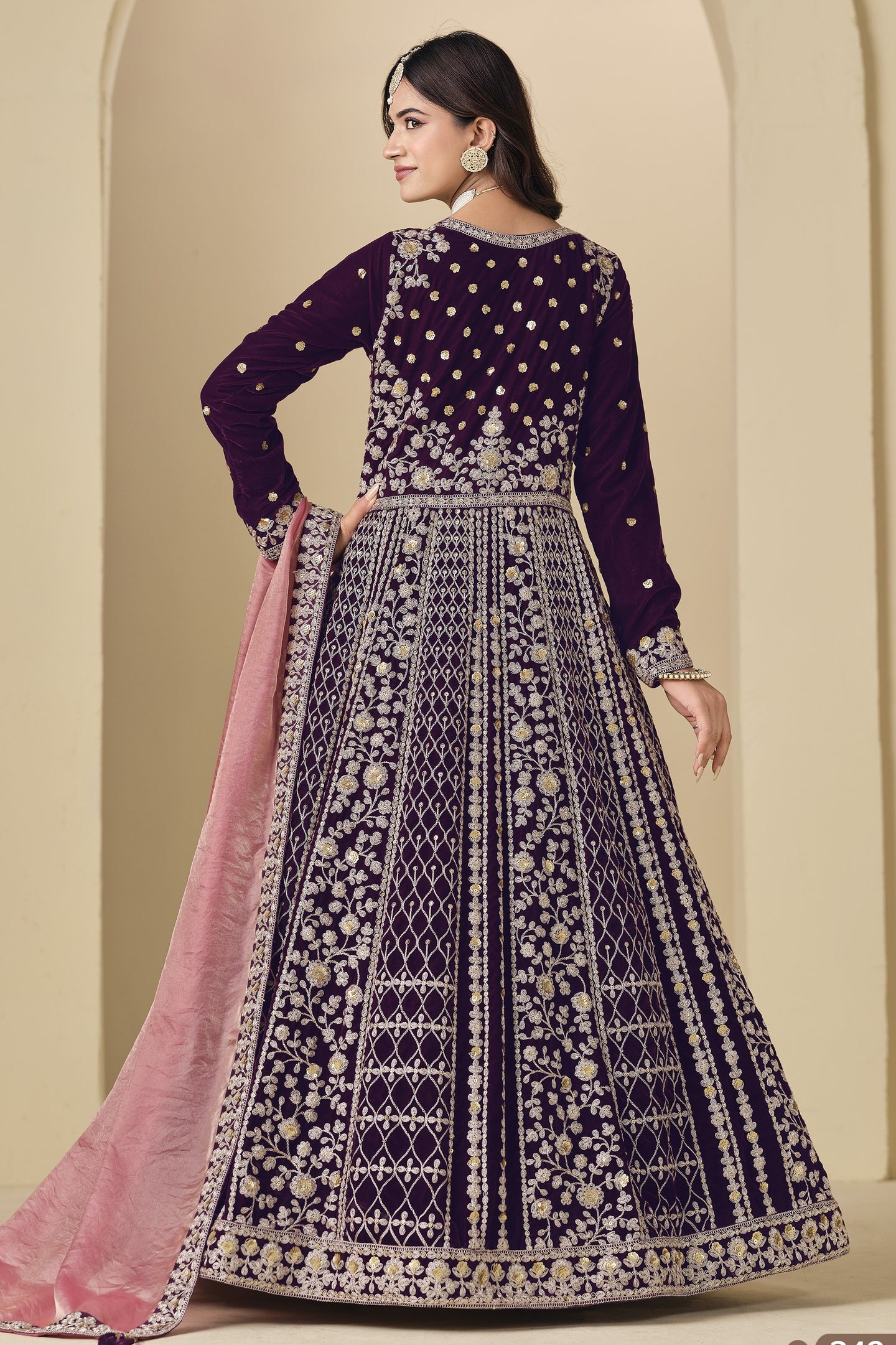 Plum Velvet Suit Women Anarkali with Dori and Sequins Work