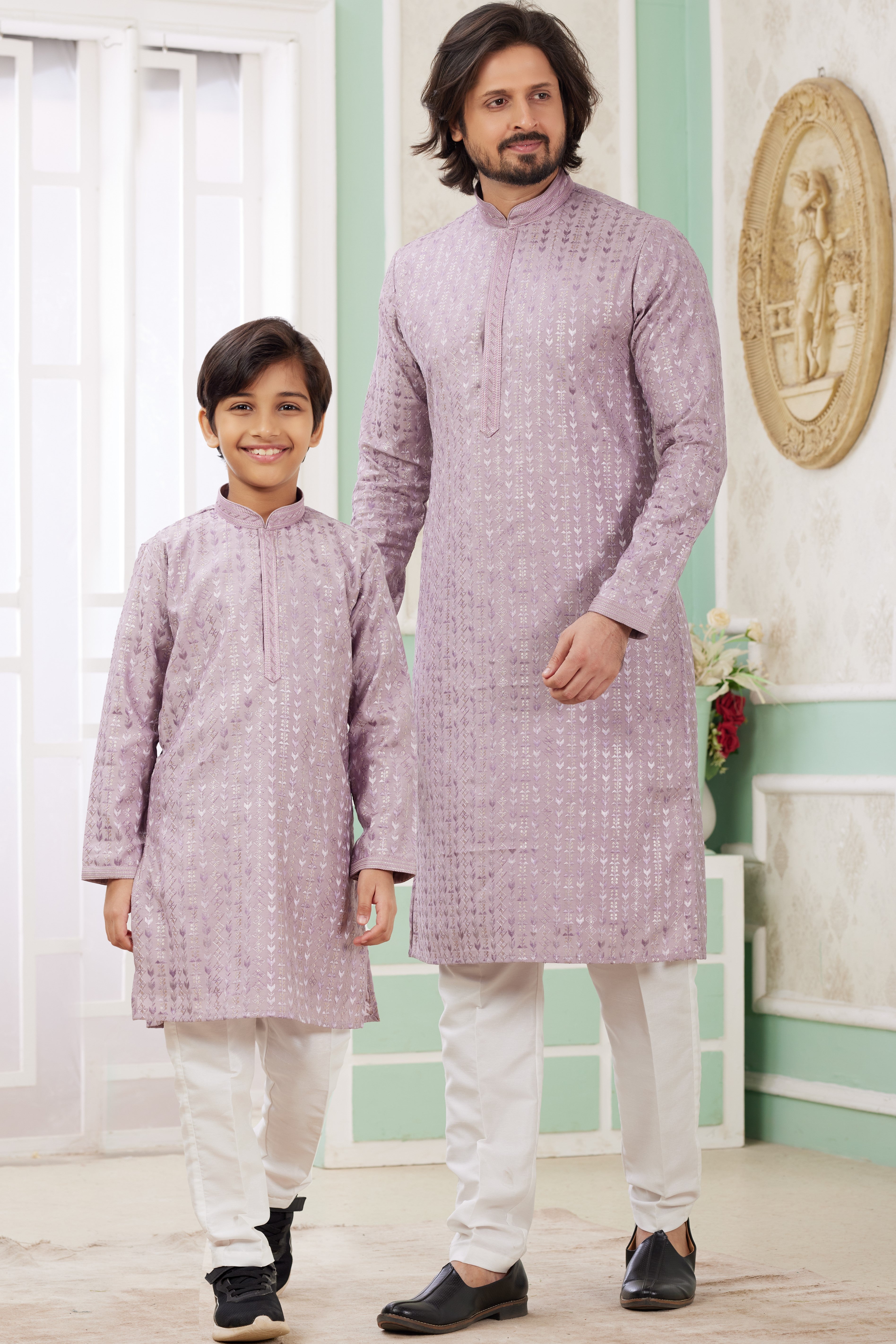 Purple Art Silk Father Son Matching Combo Indo Western Traditional Sherwani Long Kurta & Pajama Suit for Wedding - Embroidery Work