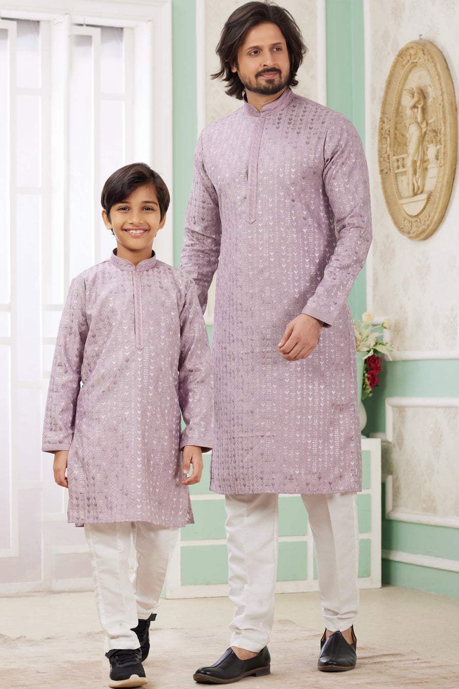 Purple Art Silk Father Son Matching Combo Indo Western Traditional Sherwani Long Kurta & Pajama Suit for Wedding - Embroidery Work