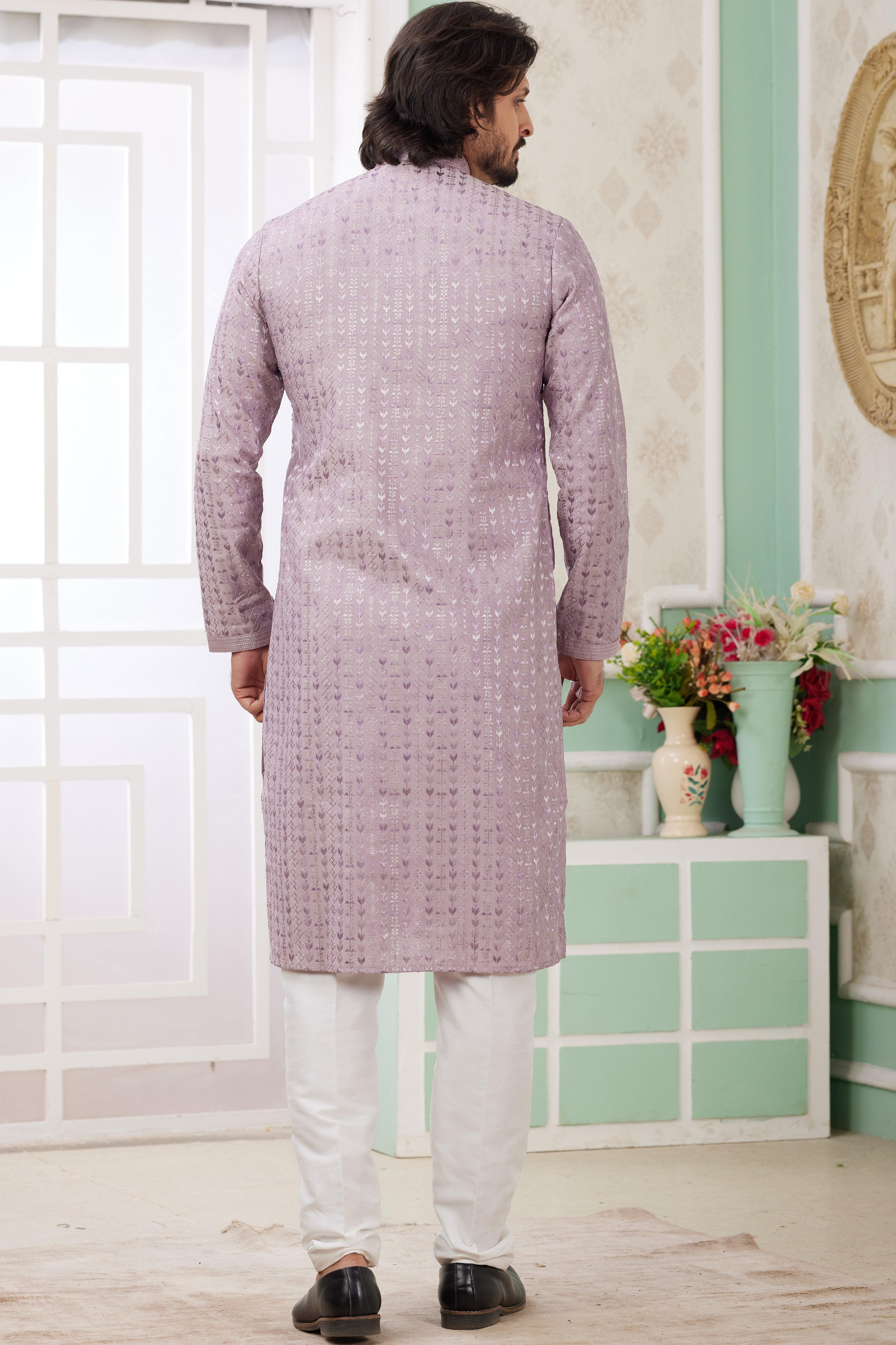 Purple Art Silk Father Son Matching Combo Indo Western Traditional Sherwani Long Kurta & Pajama Suit for Wedding - Embroidery Work