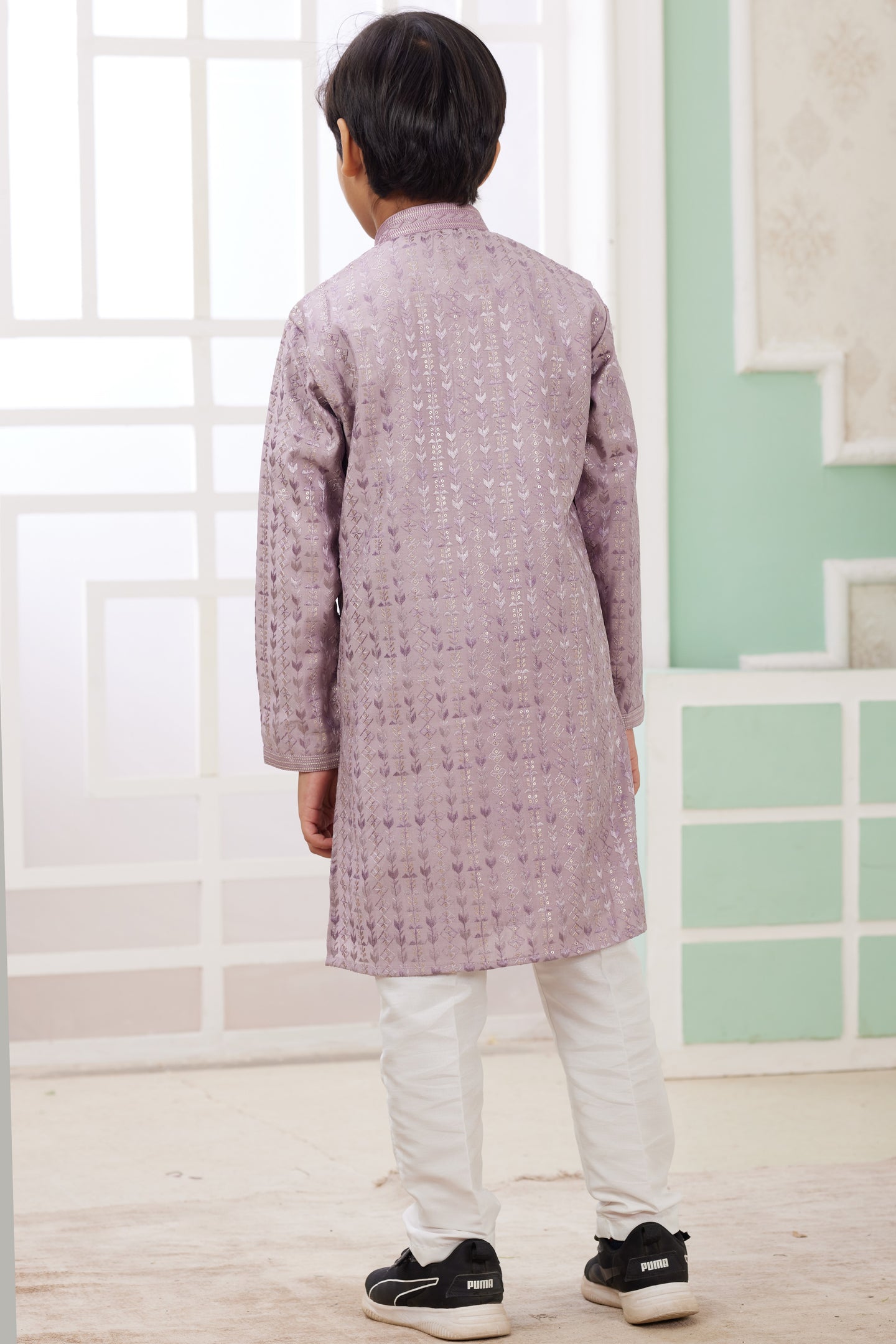 Purple Art Silk Father Son Matching Combo Indo Western Traditional Sherwani Long Kurta & Pajama Suit for Wedding - Embroidery Work