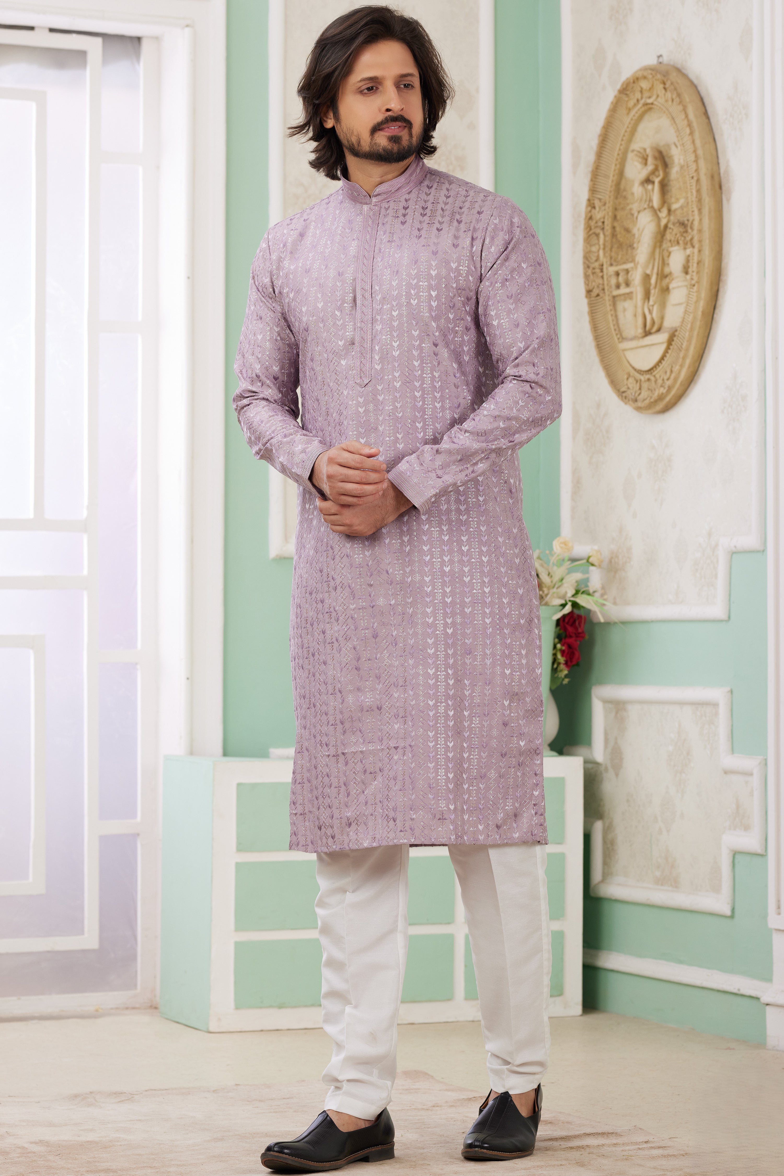 Purple Art Silk Indo Western Traditional Sherwani Long Kurta & Pant Suit for Men for Wedding - Embrodery Work