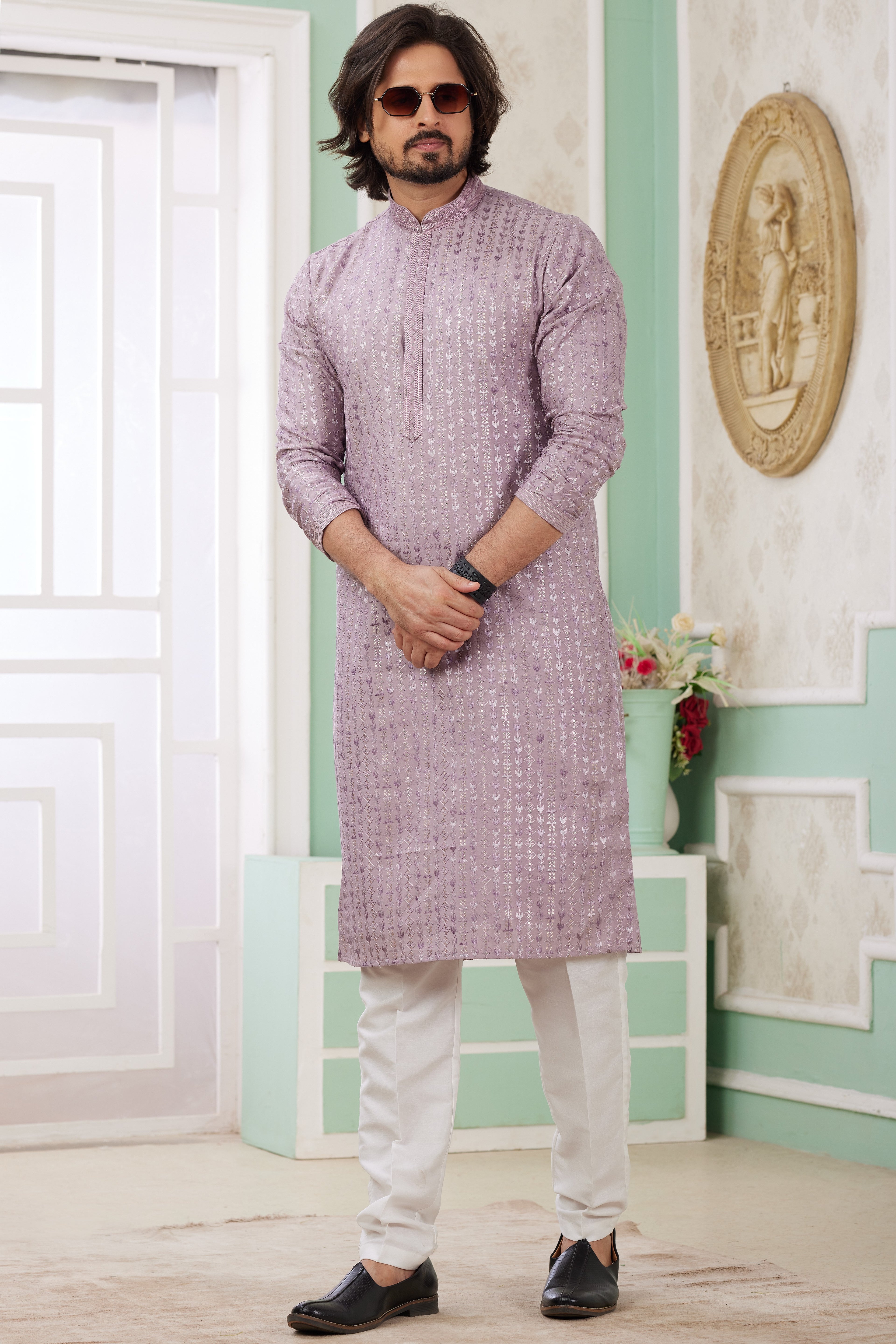 Purple Art Silk Indo Western Traditional Sherwani Long Kurta & Pant Suit for Men for Wedding - Embrodery Work