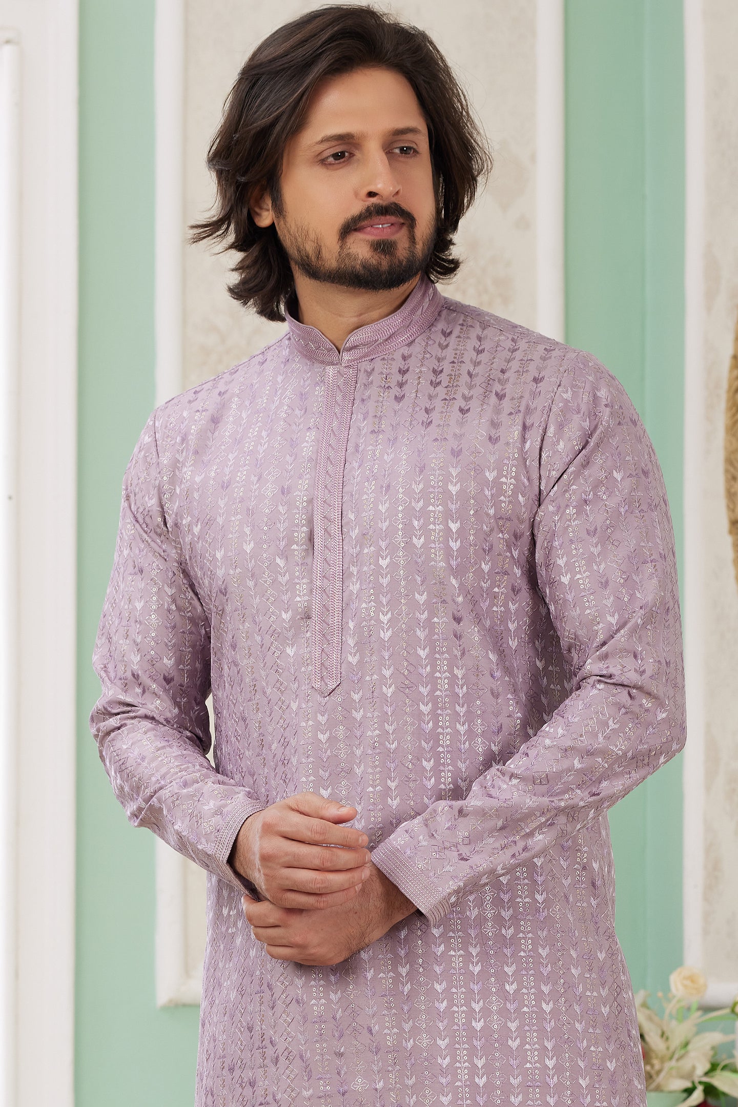 Purple Art Silk Indo Western Traditional Sherwani Long Kurta & Pant Suit for Men for Wedding - Embrodery Work
