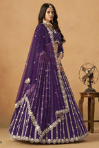 Purple Art Silk Lehenga Choli For Indian & Pakistani Wedding Festival - Thread Embroidery Work, Foil Mirror Work