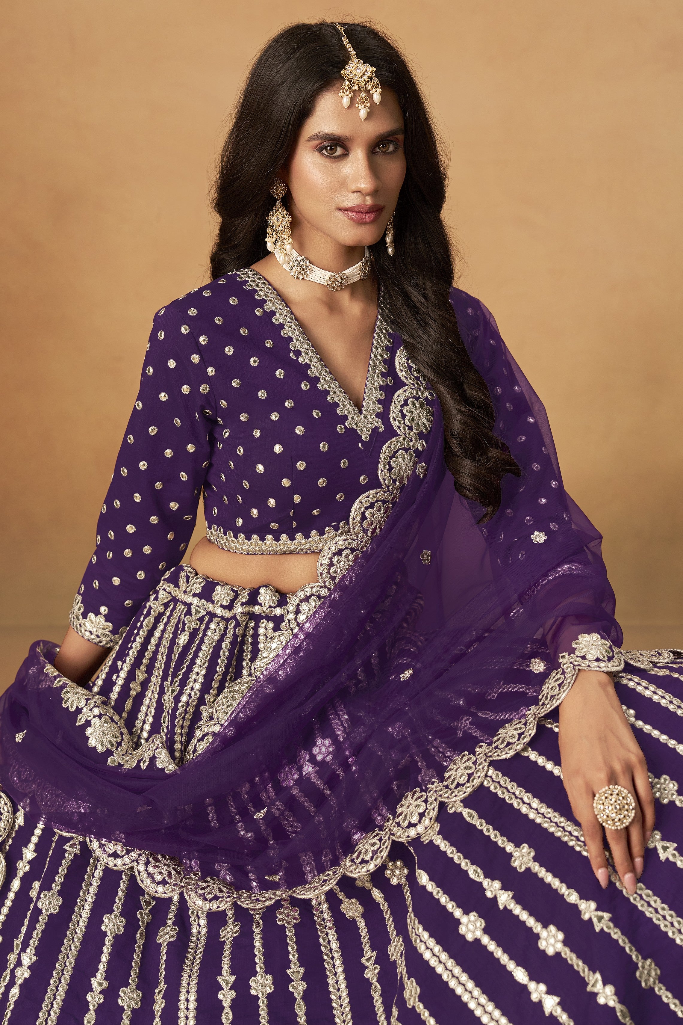 Purple Art Silk Lehenga Choli For Indian & Pakistani Wedding Festival - Thread Embroidery Work, Foil Mirror Work
