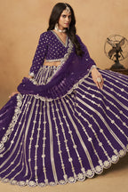Purple Art Silk Lehenga Choli For Indian & Pakistani Wedding Festival - Thread Embroidery Work, Foil Mirror Work