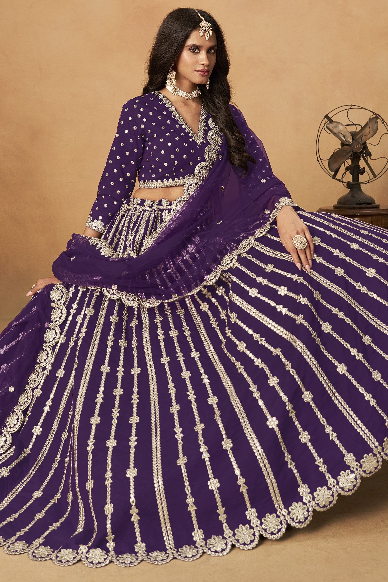 Purple Art Silk Lehenga Choli For Indian & Pakistani Wedding Festival - Thread Embroidery Work, Foil Mirror Work
