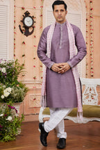 Purple Art Silk Plain Kurta Pajama with Stole Scarf for Men for Festivals & Wedding